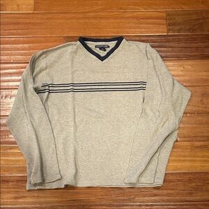 Structure Beige V-Neck Sweater with Navy Stripes